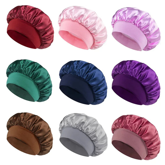 Women Satin Bonnet Hair Bonnet for Sleeping Hair Care Silk Bonnets Solid Wide-brimmed Sleeping Hat with Elastic Soft Band