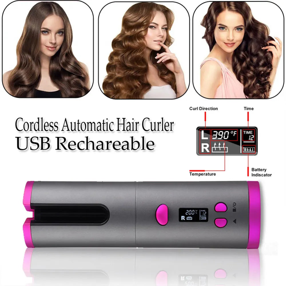 Hair Curler Set Cordless Automatic Rotating Hair Curler Curling Iron LED Display Temperature Adjustable Styling Tools Wave Styer